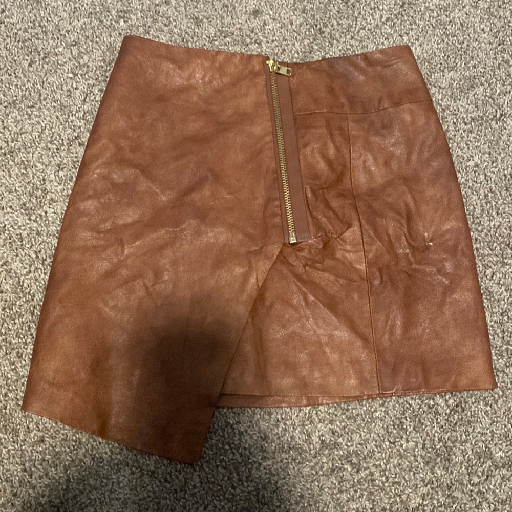 Brown Leather Zip Mini Skirt